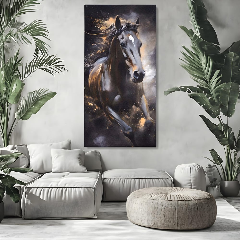 Tablou canvas cu tablou canvas cu un cal negru in alergare, fara rama, pe sasiu de lemn, pe perete intr-un living